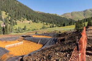 Settling ponds used to precipitate iron oxide and other suspended materials at the Red and Bonita mine drainage near Gold King mine, shown Aug. 14, 2015. (Photo by Eric Vance/EPA)